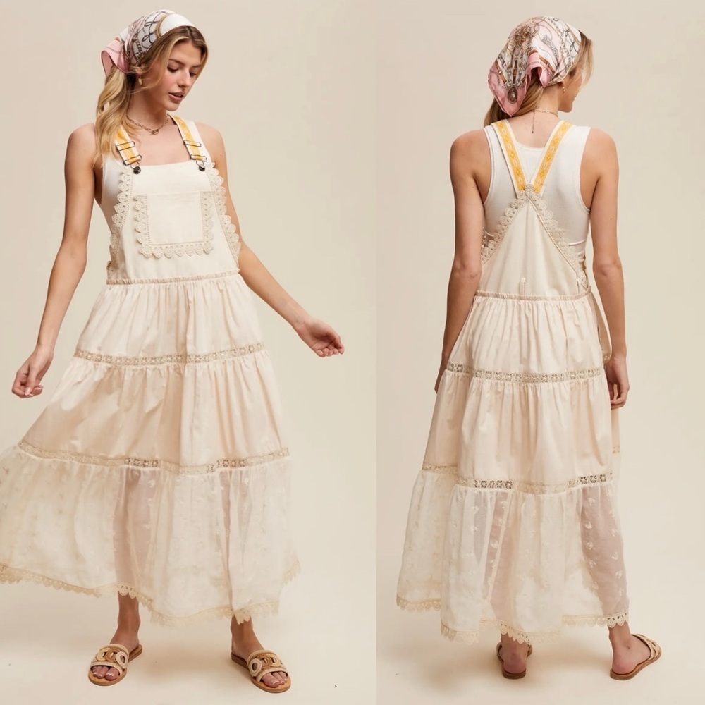 Women Bib Overall Babydoll Pinafore Embroidered Lace Straps Suspender Dress - Picture 2 of 16